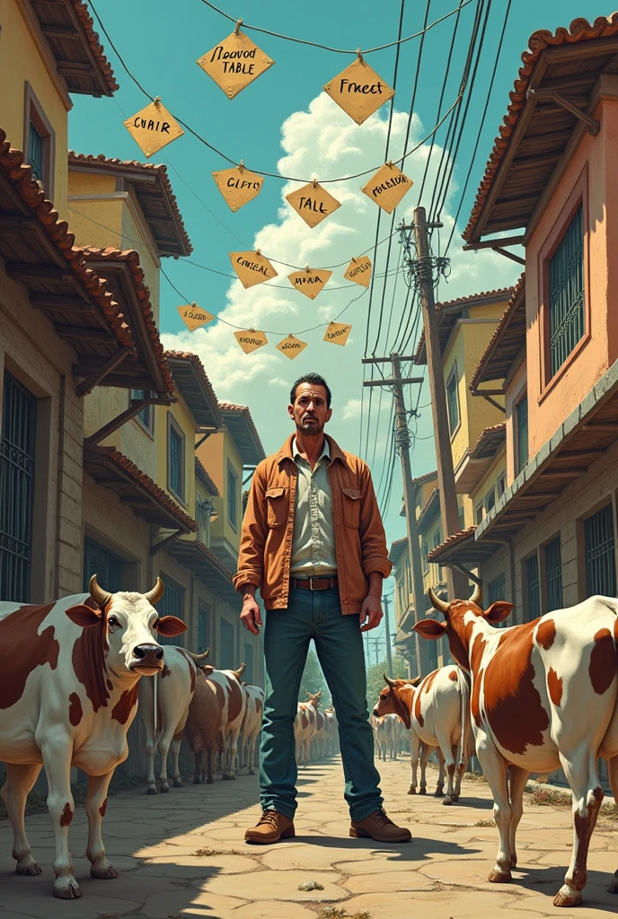 Image 5: The solution of José Arcadio Buendía**
**Description:** To combat oblivion, José Arcadio Buendía begins to label all the objects in the town. The image shows José Arcadio hanging signs with the names and functions of various objects (For example, "cow", "chair", "mesa"). The scene conveys desperation, but also an attempt to fight against the loss of identity.