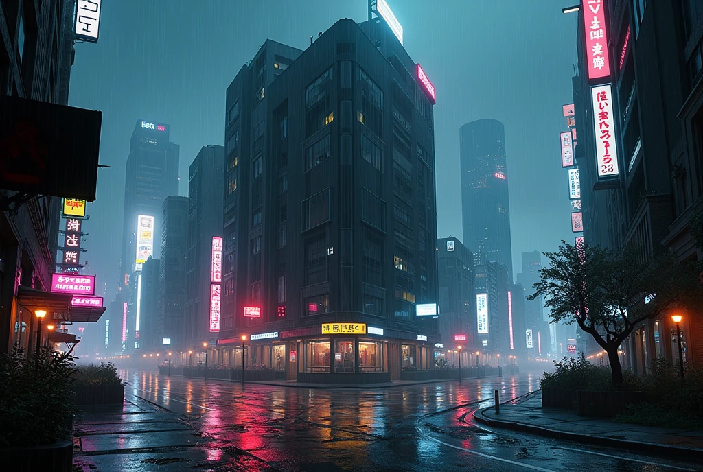 cyberpunk city night raining neon above a building 