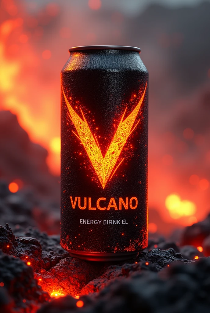 Vulcano brand energy drink in a can with the slogan energy drink black, gold and red with lava below