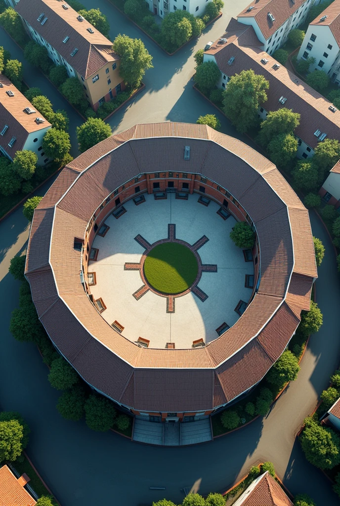 Circular school, small central courtyard, residential district, aerial view