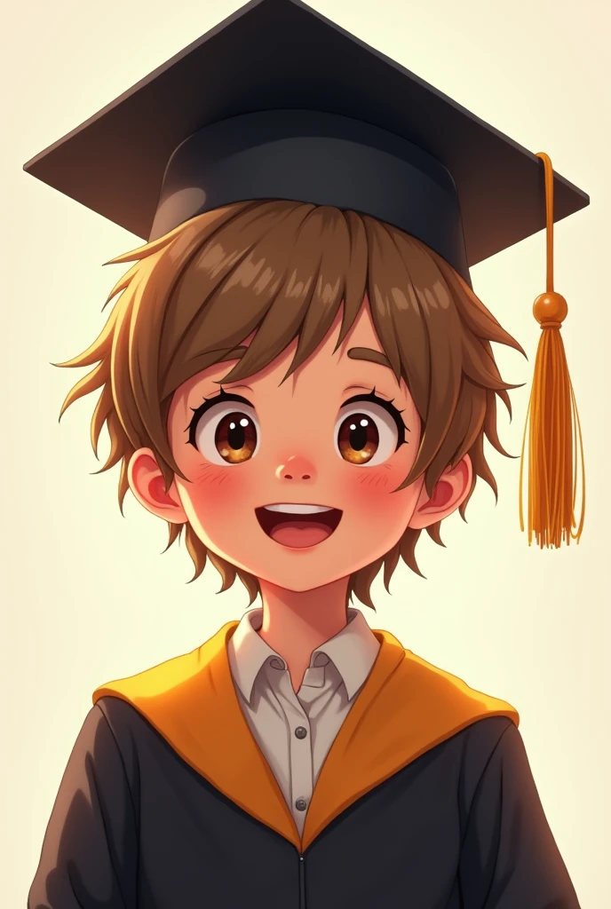 A child,  with light brown hair and freckles on the nose in graduation clothes and a cap on the head
