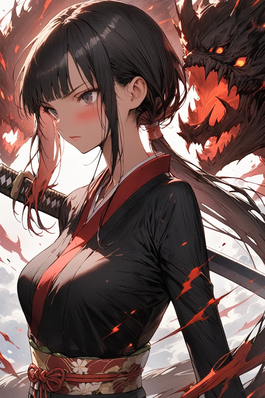portrait,upper body、(A woman fighting countless monsters),((masterpiece,Highest quality:1.3,best quality illustration)), solo,1woman,(Mature Japan beauties)、black hair,(low ponytail hair style),long hair,blunt bangs,black eyes,gorgeous eyes,((very small head:1.3)),blush,Serious expression,((very long body:1.2)),medium breasts,(tan skin), (gleaming skin,toned body,slender body, skinny),(Female Ninja Costume、A simple, patternless black kimono、、Black Skirt、Side slits,Holding a precisely rendered Japanese sword),