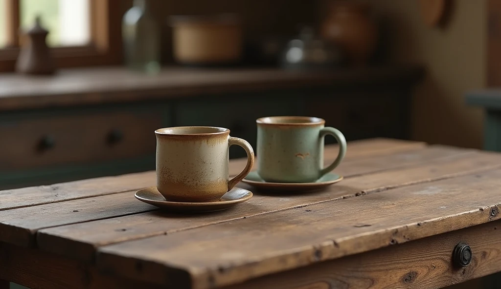 a wooden table with old mugs on top, rustic, country, rustic interior style