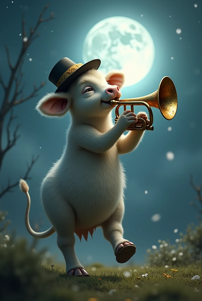 (Awesome shots), cow, detailed skin, hat on his head, Majestic Trumpet, serene look, over the moon, dancing