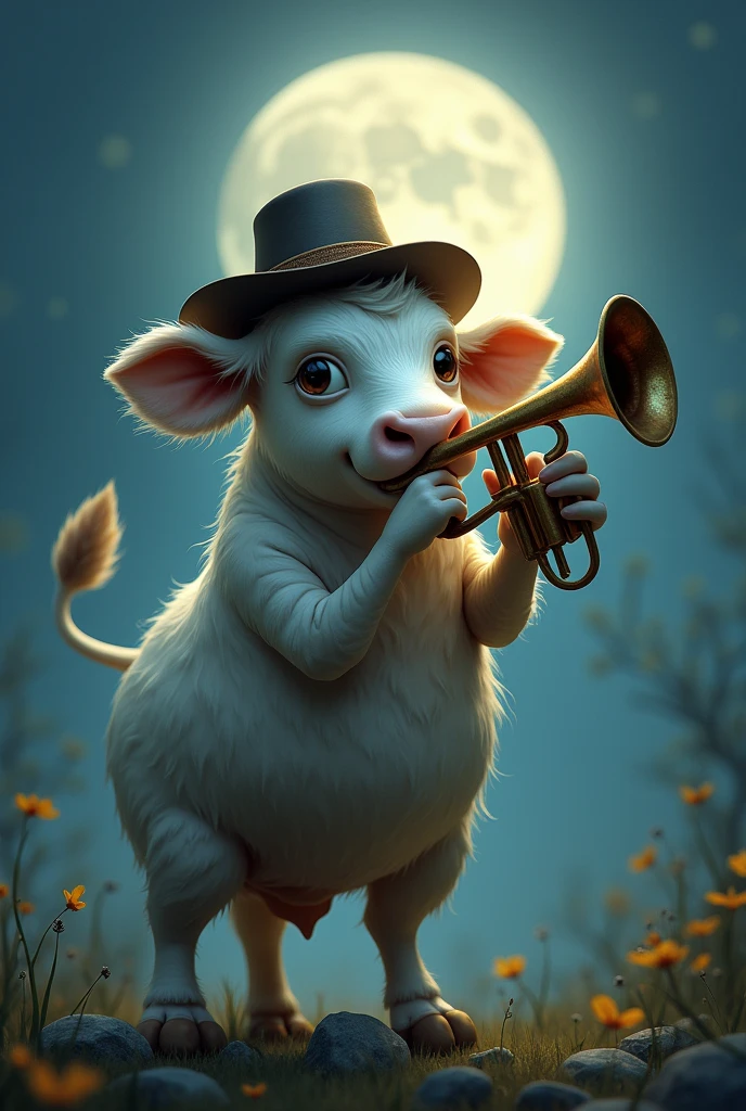 (Awesome shots),lonely cow, detailed skin, hat on his head, Majestic Trumpet, serene look, over the moon, dancing