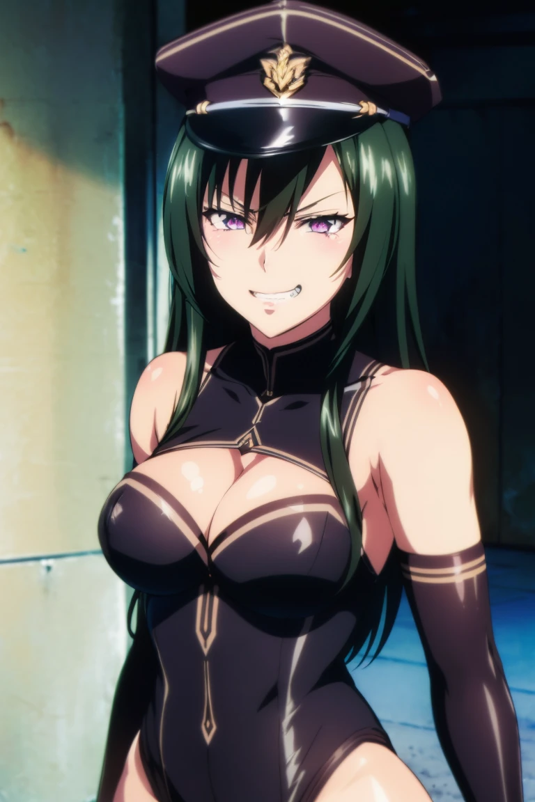 beautiful, masterpiece, ultra detailed, extremely detailed, ultra high res, 8k, beautiful detailed face, anime screencap, heart shaped face woman, (black hair:1.2), long hair, hair between eyes, large breasts, fearless face, sharp face, slant eyes, cat eyes, 170cm tall, adult, perfect proportion, (((black high-leg leotard, black clothes))), (((bare shoulder))), cleavage, (((thigh boots))), choker, (((military cap))), anime style, extremely ultra detailed beautiful face and eyes, front view, raw phot, incredibly absurdres, Beautiful portrait of cute anime girls, super fine illustration, full-hd, hdr, best aesthetic, distinct, exquisite, masterwork, by famous artist, highers, (((perfect anatomy))), mocking, (((rape face))), (((evil grin))), intense eyes, sadistic, gleaming skin, oil skin, slut face, full-face blush, smirking, mischievous grin, furrowed mouth, both legs, pouty lips, downturned corners, rosy hue, grin widely, cheeky smirk, (((bad-tempered glare))), gloating, crazy smile, scary face, cruel smile, fang, connected teeth,, (((elbow gloves))), (((big connected teeth)), glare, grimace, smirk, (((scowling face))), smile broadly, symmetrical eyes, even eyes, perfect eyes, (((squinting eyes))), deep detailed eyes, shiny clothes, 1girl, solo, smug, smile grimly, (((dimpled smile))), pink eyes, (((upper body shot and standing))), (((laugh))), (((pleasure face))), (((brutality face))), (((scary face))), (((fang))), super detailed skin, official art, production art, top quality, high quality, amazing quality, finely quality, fantastic, professional quality, perfect hands, perfect arms, both arms, two arms, both hands, two hands, cleavage cutout, bare collarbone, shiny hair, anime best girl, cel anime, bangs, spread back hair, adult face, light eyes, clear eyes, shiny eyes,