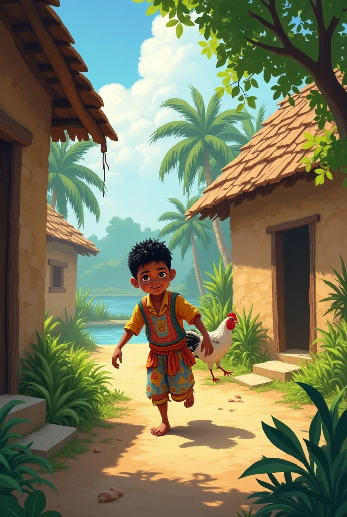 Third Line: "One day, Bacchu decided to steal a chicken from Mati Mia's house."
Bangladesh