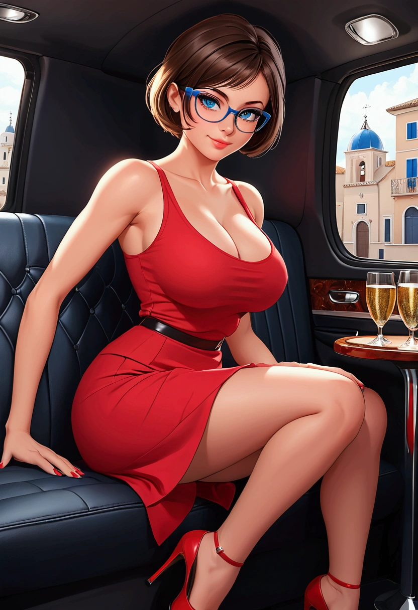 20 years old woman, Short brown hair, Mediterranean with blue eyes, Generous and heavy breasts, slender waist, definition of l'estomac, fesses rebondies et pulpeuses, naturally curved, muscular thighs, aguicheuse , blue eye, lunettes, assise dans une limousine, red mini Skirt, red dress, at night, ssmile, talons