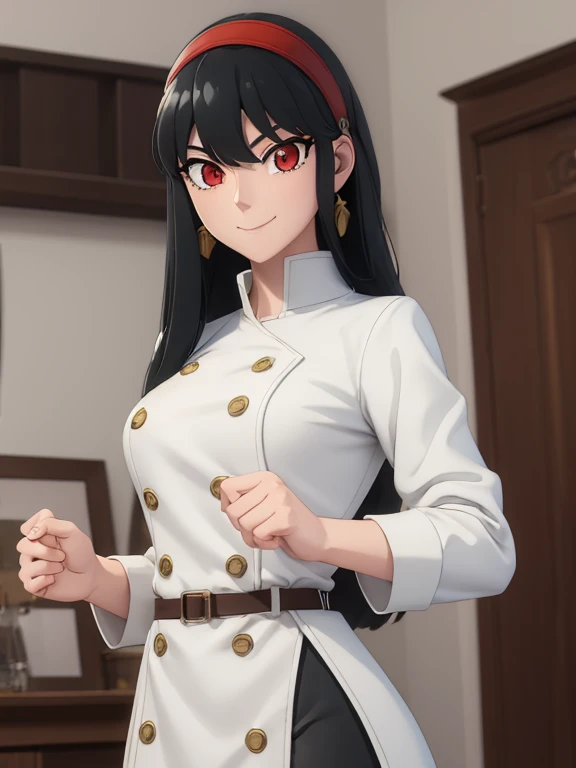 yorbriar, yor briar, black hair, (red eyes:1.5), earrings, gold hairband, hairband, long hair, sidelocks, (medium breasts:1.2), smile, BREAK White trench coat, black leggings, shiny leggings, white heel boots, BREAK indoors, BREAK looking at viewer, (cowboy shot:1.5), BREAK action pose, kicking at viewer, kicking, fighting pose, martial arts, high_kick BREAK (masterpiece:1.2), best quality, high resolution, unity 8k wallpaper, (illustration:0.8), (beautiful detailed eyes:1.6), extremely detailed face, perfect lighting, extremely detailed CG, (perfect hands, perfect anatomy),
