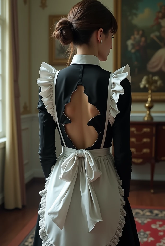 A woman dressed as a maid with the back of her dress completely torn
