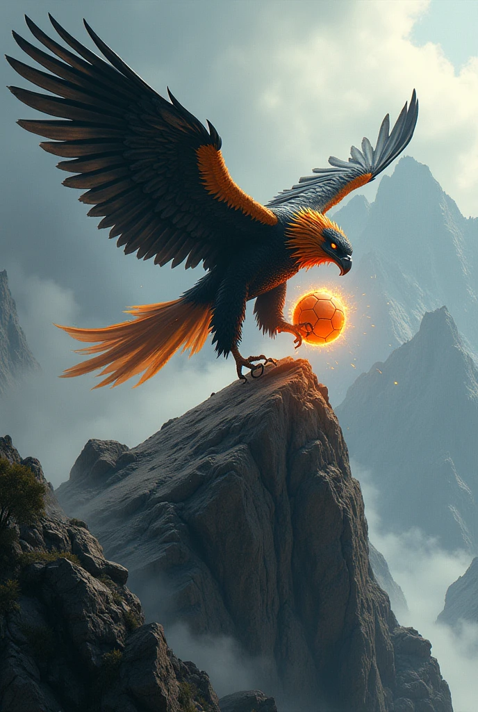 An eagle in a black-orange warrior suit climbing to a summit with a fiery soccer ball in its talons, have predators attacking her