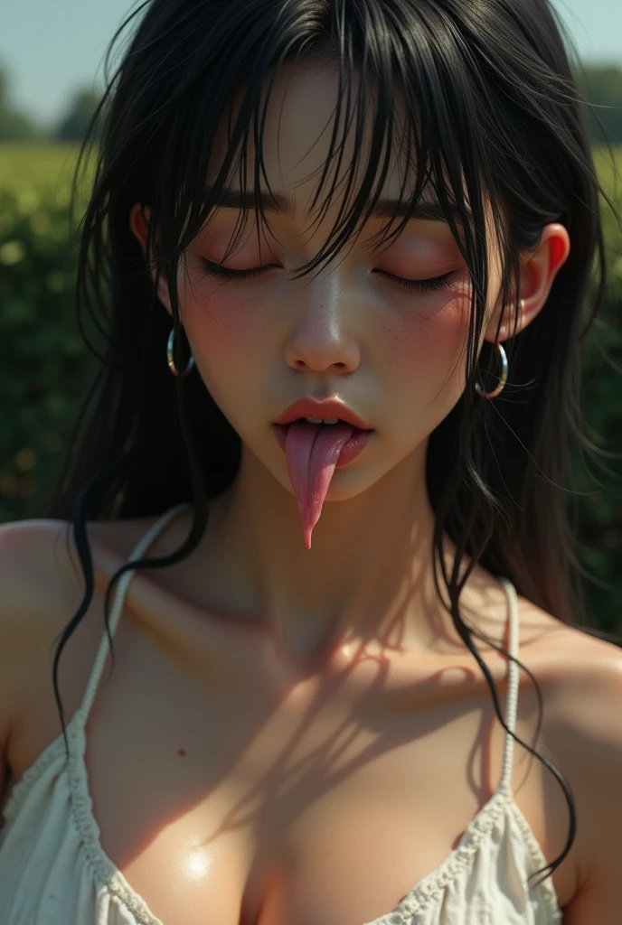 Image of a Woman,、Close do rosto、soft skin、work of art、highest quallity、8k photo、((Close your eyes and open your mouth slightly))、Close your eyes、Face of suffering、(Wrinkles around the eyes:1.2),Woman, 2, regatta、length, steep nose,,,,,,,,,,,,,,,strong nose、length, Narrow nostrils、Skin shiny with sweat、Lighting that highlights shiny sweat{realistic nostrils}, Bblack hair、((Bushes along the wall of a field))、shapely breasts、(super wet skin),((ahegao,Sticking out a long tongue))(Close enough to kiss), facial cum