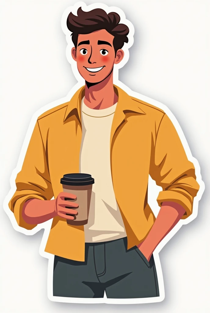 Become a graphic designer, create a vector graphic sticker of a guy 1, who holds a cup of coffee in his hand