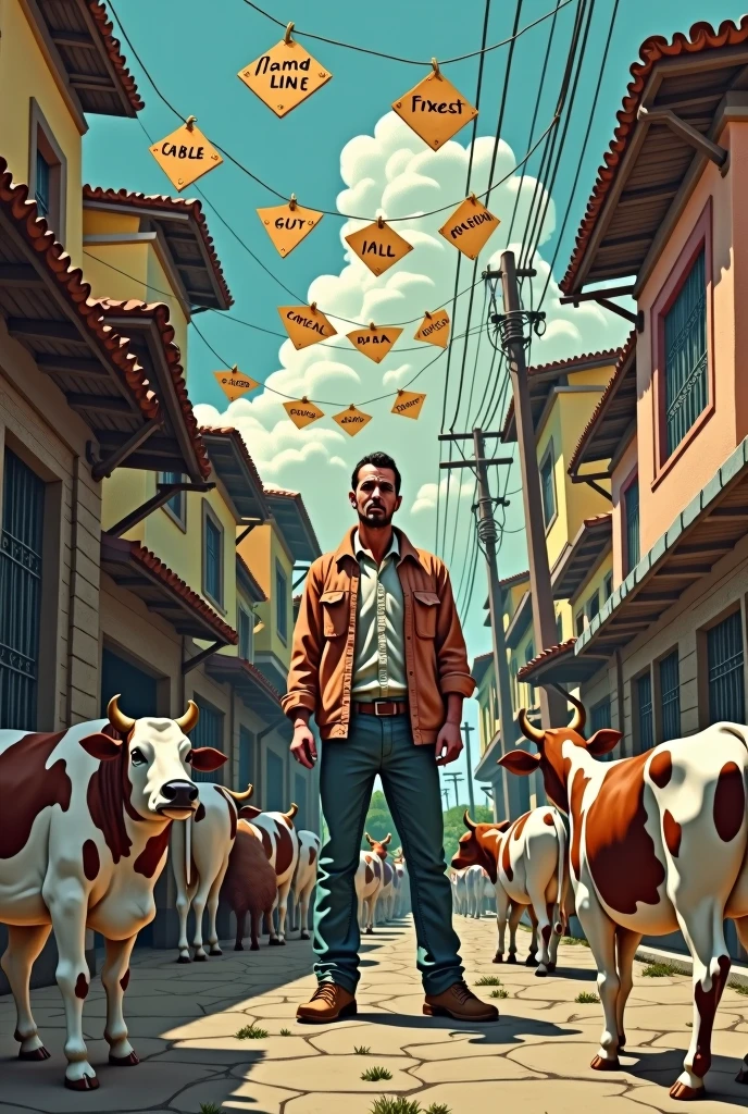 Image 5: The solution of José Arcadio Buendía**
**Description:** To combat oblivion, José Arcadio Buendía begins to label all the objects in the town. The image shows José Arcadio hanging signs with the names and functions of various objects (For example, "cow", "chair", "mesa"). The scene conveys desperation, but also an attempt to fight against the loss of identity.