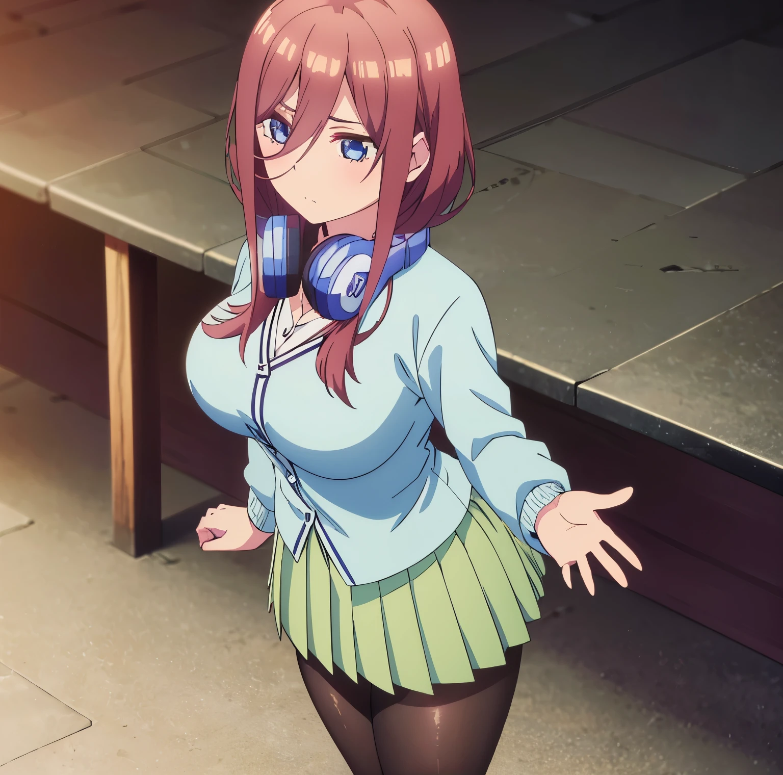 1 girl, solo, miku nakano, headphones around the neck, blue headphones,((white shirt)), long sleeve,((neckline)),((light green pleated skirt)),short skirt,((black pantyhose)) ,black heels, alone, brown hair, blue eyes, long hair, hair between eyes, blue eyes, detailed eyes, closed mouth, looking at viewer, bangs, standing, dynamic posture, curvy body, , big breasts, waist stocking, wide hips, wide thighs, round butt, outside, Japanese school, patio, looking front, ((focus on breasts:1.3)), pov (from above), standing:1.3, best quality, ultra detailed, masterpiece, perfect anatomy, perfect hands