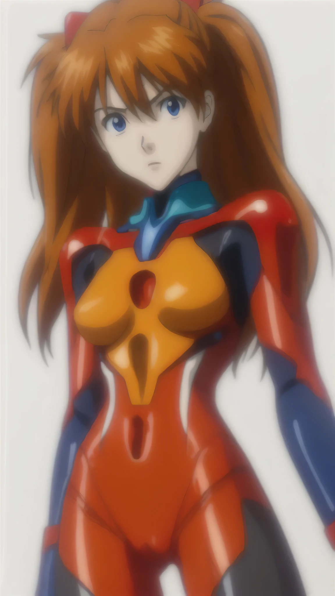 (1girl, solo, masterpiece, 4k,  ((cowboy shot)), best quality:1.2, NICE HANDS, COLORFUL), asuka langley soryu, blue eyes, hair between eyes, headgear, interface headset, orange hair,  , bodysuit, long sleeves, plugsuit, red bodysuit, ((small breasts, big hips, looking at the viewer)), ((white background)),