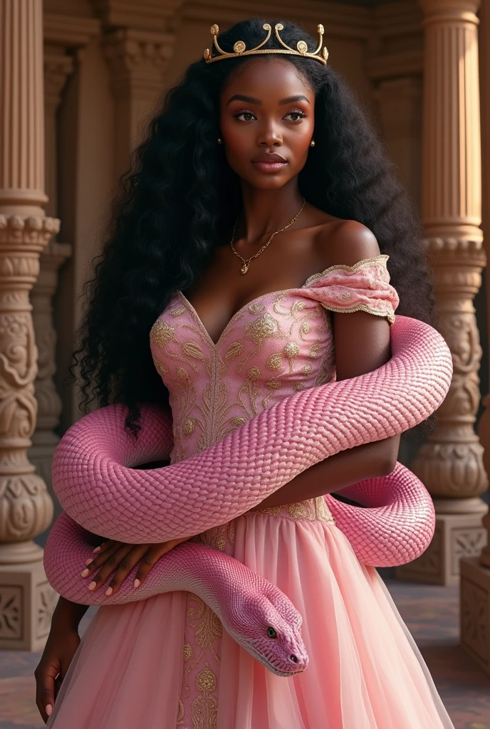 A realistic image of an African woman embodying African royalty. She has long, wavy hair that flows down her back, showcasing elegance and regal beauty. She is dressed in a light pink royal gown adorned with intricate patterns that reflect her noble status. A large, shimmering pink snake with iridescent scales is coiled around her body, and its head, majestic and mature, rests gently on her shoulder, adding an element of power and mystery. The background is set in a grand African palace, with traditional architectural elements like carved wooden pillars, vibrant fabrics, and intricate designs that enhance the royal ambiance. The scene combines cultural richness, majesty, and a touch of the mystical, creating a captivating and realistic portrayal of African royalty