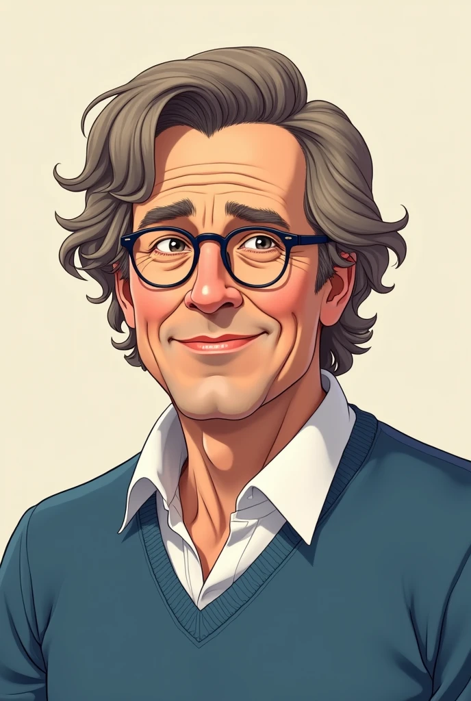 white man with wavy hair, wearing prescription glasses, white dress shirt under a blue sweater, portraite, anime styling.