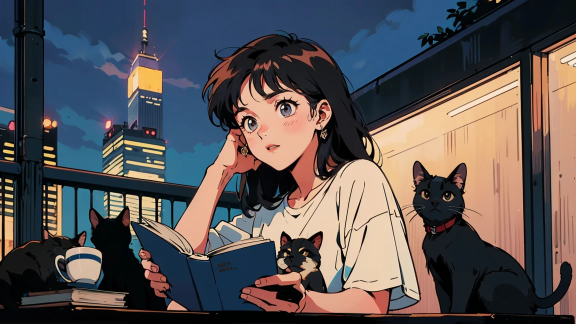 Highest quality, 8k, 1980s style,Hairstyles of the 2010s,  girl, Black Hair, Long Hair, Light brown eyes, City Pop, T-Shirts ,Night view,Reading a book, whole body,  Relax Coffee,table,making,look at me, Black cat
