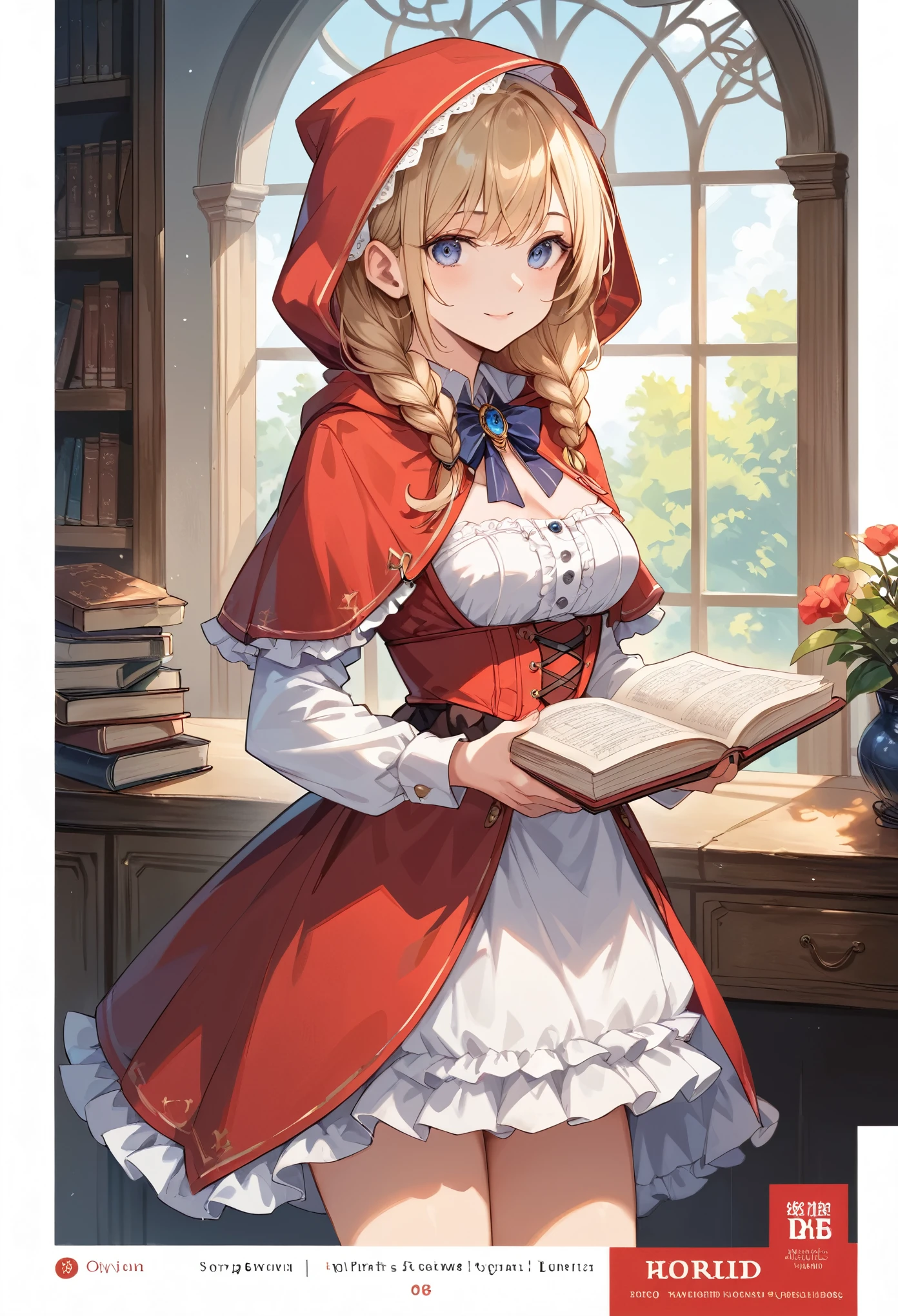 rating_safe, score_9, score_8_up, score_7_up, score_6_up, score_5_up, score_4_up, hires, highres, source_furry, cover page, picture book cover, story of Little Red Riding Hood, flat Design, vector illustrations, graphic illustration, detailed 2d illustration, flat illustration, digital illustration, digital artwork,