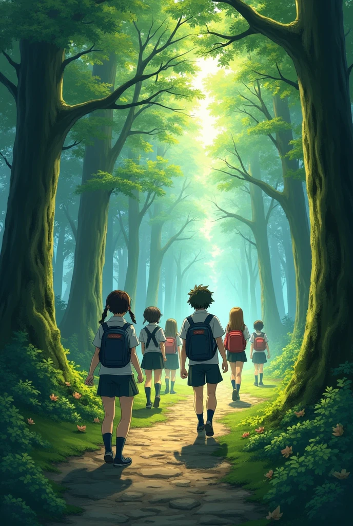 The school students enter the forest