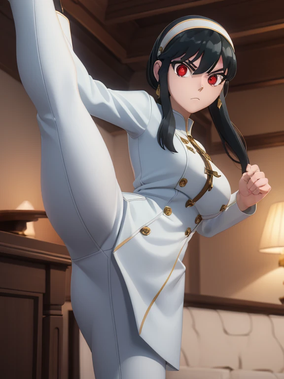 yorbriar, yor briar, black hair, (red eyes:1.5), earrings, gold hairband, hairband, long hair, sidelocks, (medium breasts:1.2), serious look on face, BREAK White trench coat, black leggings, shiny leggings, white heel boots, BREAK indoors, BREAK looking at viewer, (cowboy shot:1.5), BREAK action pose, kicking at viewer, kicking, fighting pose, martial arts, high_kick BREAK (masterpiece:1.2), best quality, high resolution, unity 8k wallpaper, (illustration:0.8), (beautiful detailed eyes:1.6), extremely detailed face, perfect lighting, extremely detailed CG, (perfect hands, perfect anatomy),
