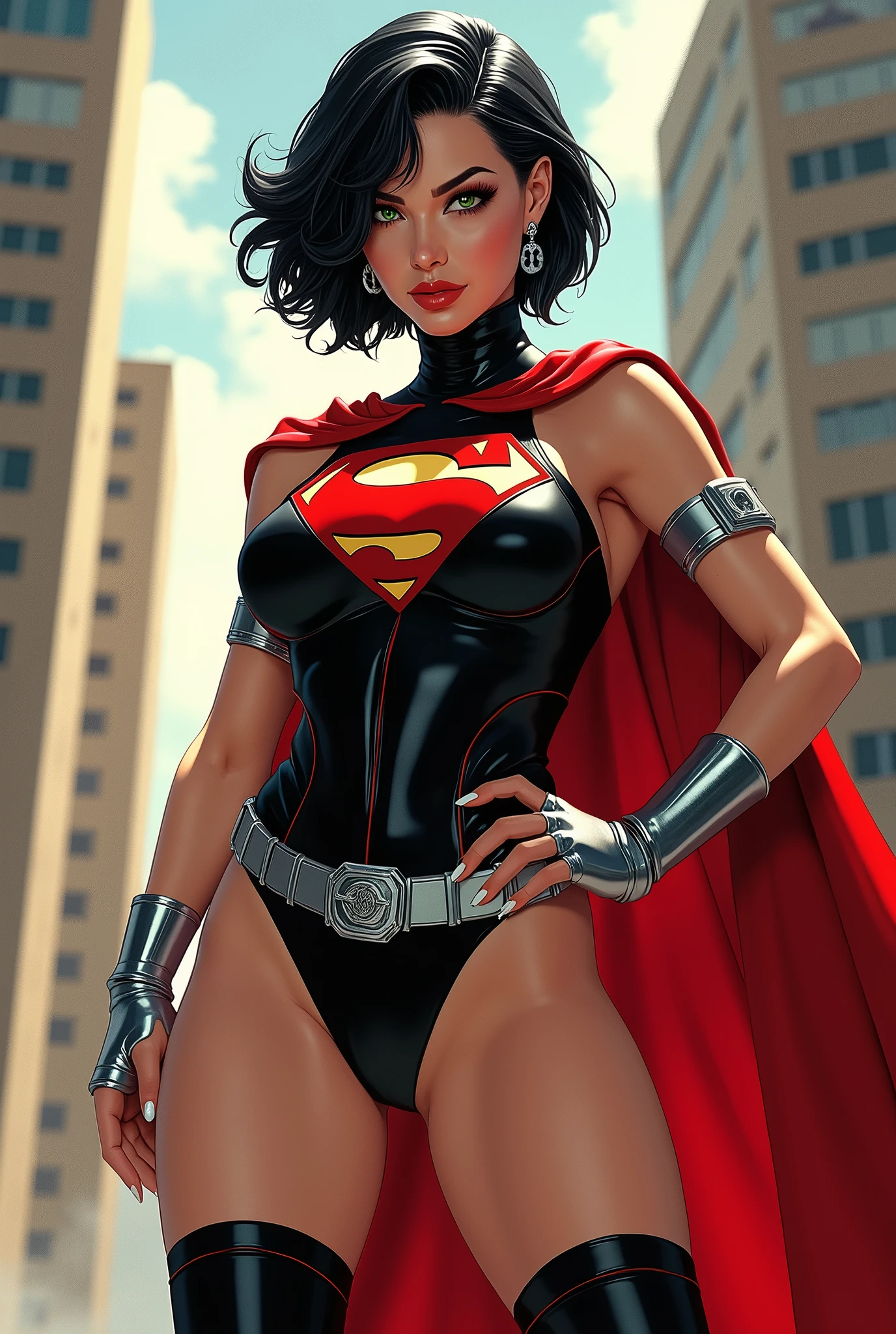 (jim lee style) (comic style) beautiful female sexy Supergirl, (Silver Superman symbol on her chest), short black hair, green eyes, black leotard, black thigh boots , red cape with a midriff, Silver bracelets, silver belt, busty body, sexy curvy body. exposed shoulders UHD 8K