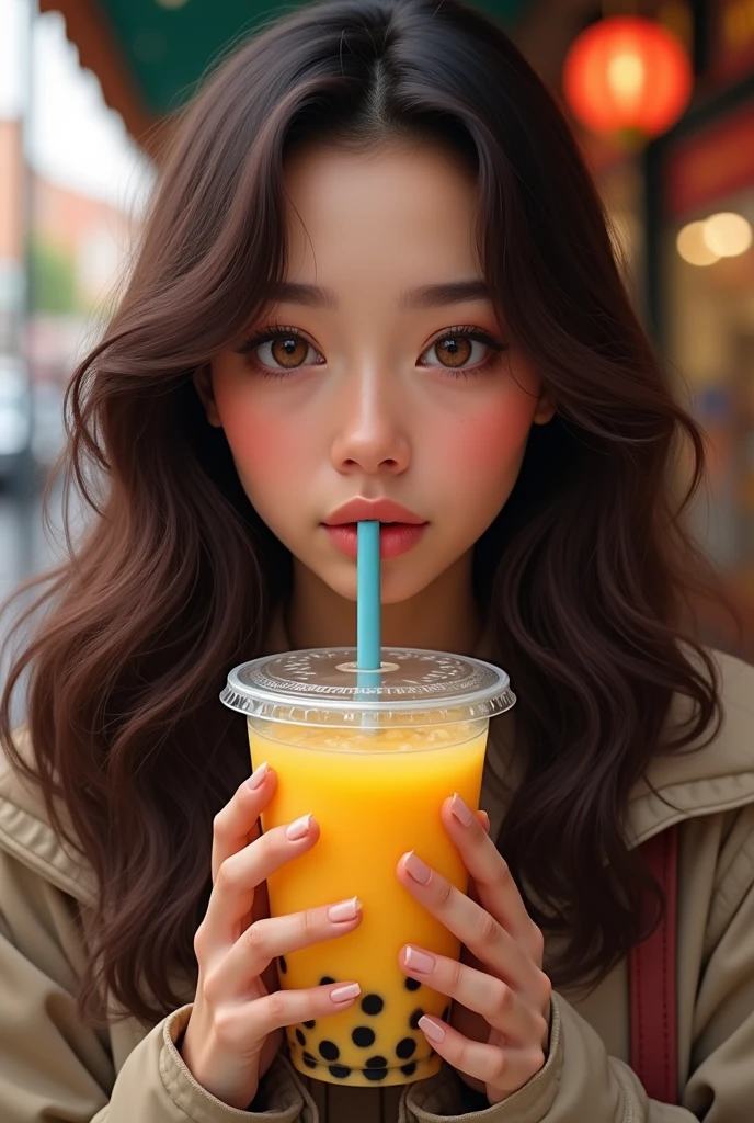 high resolution, masterpiece : 1,2), (realistic : 1,37), (best quality, high resolution, ultra-detailed girl, realistic) Femme aux yeux marrons verts (noisettes) and very dark brown wavy hair who drinks yellow bubble tea. She drinks through a straw, the image is very detailed. On voit derrière elle des magasins mais il sont floutes. Sa peau est métis, elle habite en France elle n'est pas chinoise. 