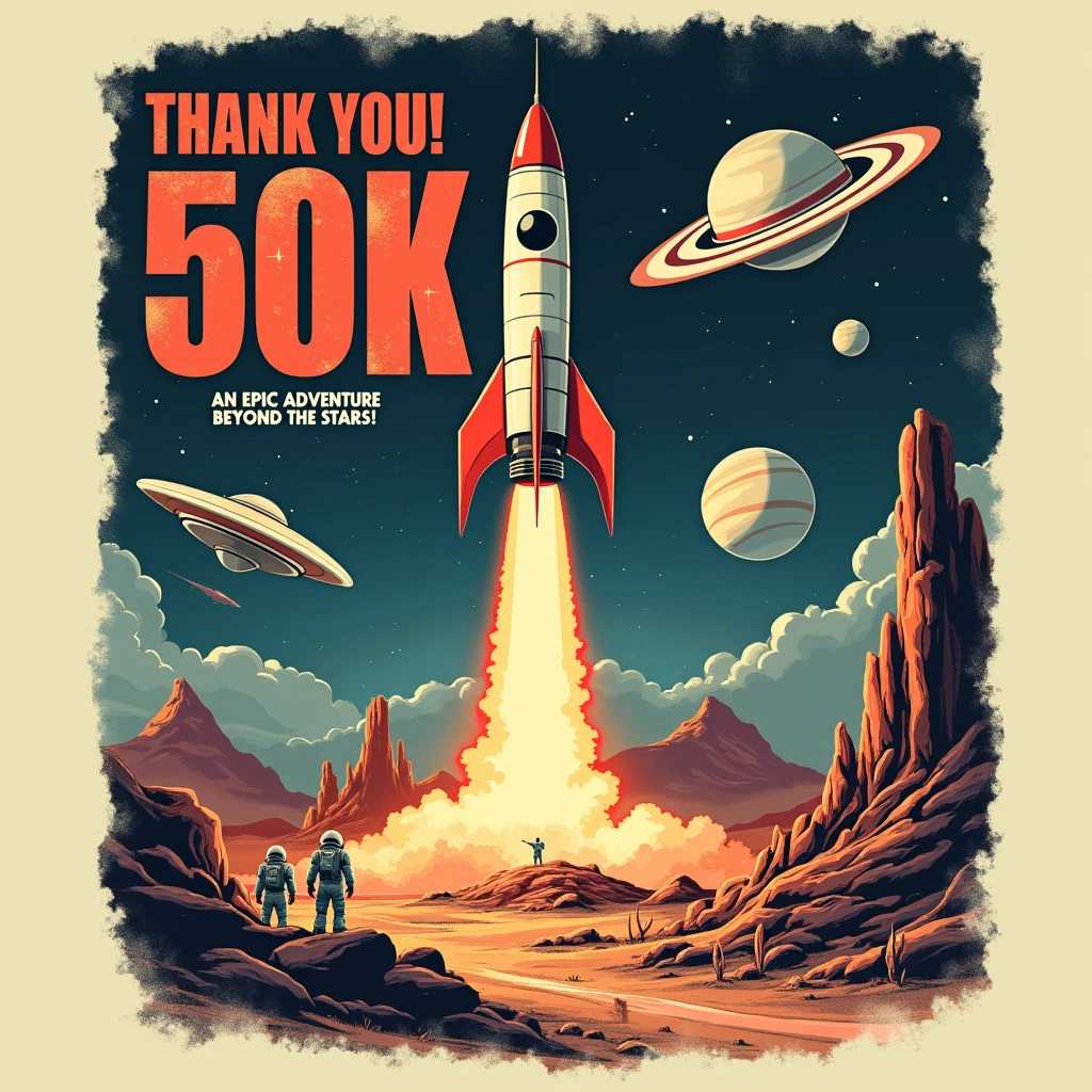 A retro-inspired t-shirt design mimicking a (1950s sci-fi movie poster saying "50K", "THANK YOU!", "OBRIGADO!", "GRACIAS!"). It features a classic rocket ship launching from an alien landscape with flying saucers, astronauts, and a ringed planet in the background. The title is in bold, vintage-style typography with a catchy tagline, "An Epic Adventure Beyond the Stars!". The colors are muted and slightly faded to give an aged, nostalgic feel, with distressed effects for a worn, vintage look