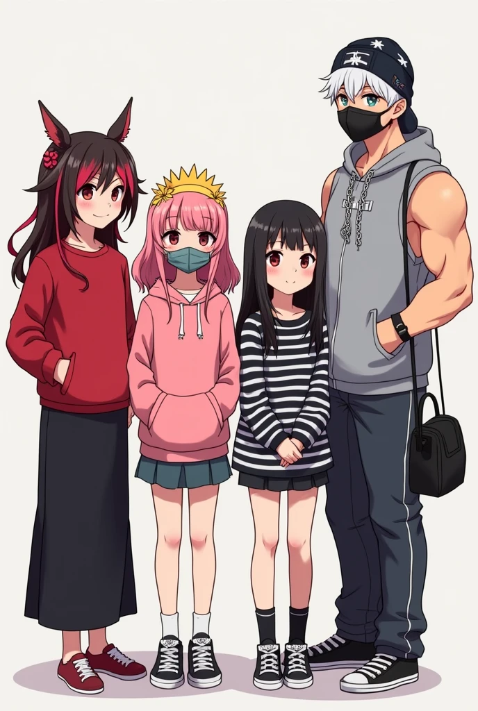 2 girls and 2 guys,they only 4 PEOPLES,they all the same height 170cm,no one is short than another and no one is tall than another.They all in cartoon characters
one of the girl has red and black hair, she's wearing red long sleeve shirt and black long skirt.
Another girl has pink hair with kpop's TWICE merch such as headband and pink hoodie and she has yellow flowers crown.
one of the guy has a black hair and hes the only wearing face covered mask, he's also has a Japanese type of cap and its black, he's wearing long sleeve shirt with black and white striped pattern.
Another guy,has a white hair,has a star binie cap and wearing sleeveless grey hoodie and carry a black bag, he's didn't wear a mask but he's wearing a silver chain around his neck,he has bicep
they all taking a group photos in formal for a profile picture