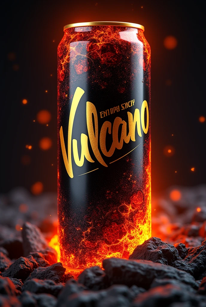 Vulcano brand energy drink in a can with the slogan energy drink black, gold and red with lava on the label