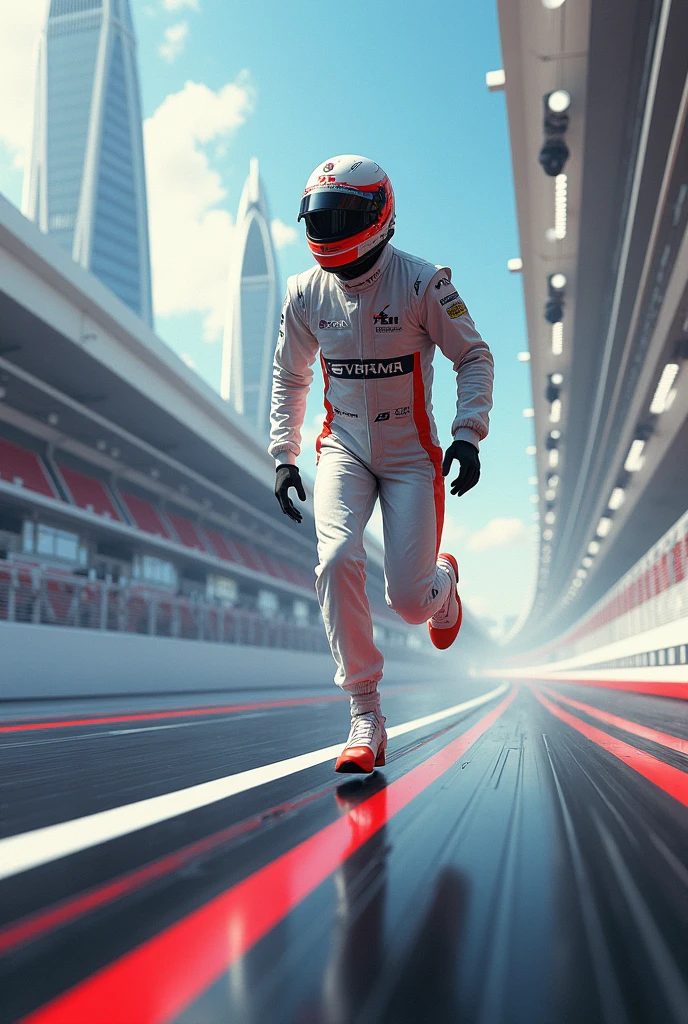 ayrton senna running on a race track in the year 2050