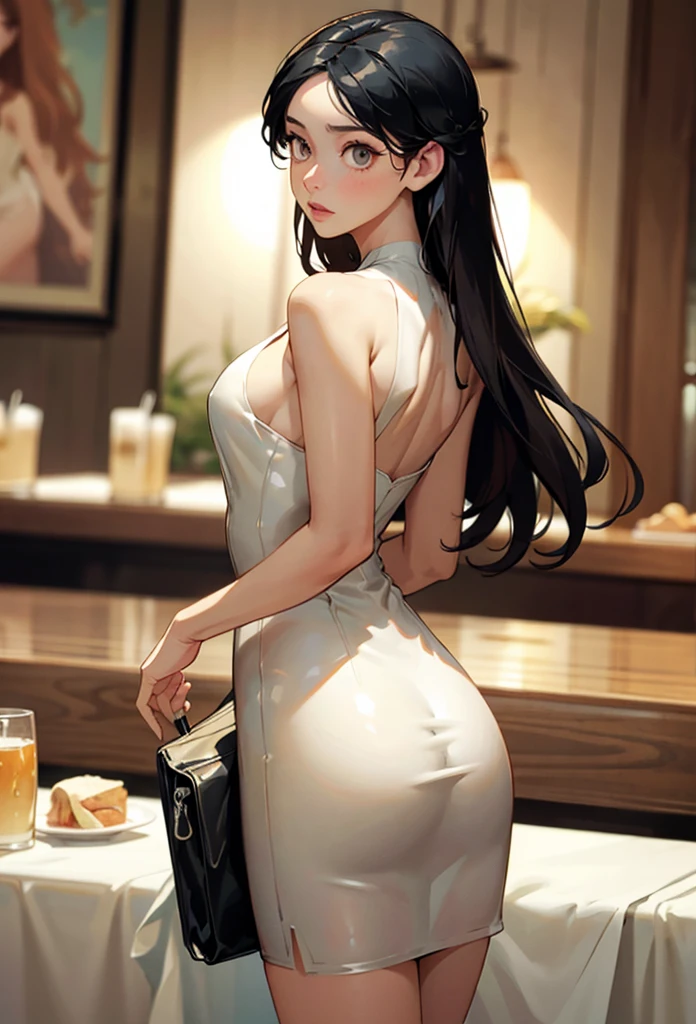 perfect eyes:1.2, detailed eyes:1.4, m0n1c4b-v2, long hair, black hair, brown eyes, from behind, ass, looking back, restaurant, dr3ss, white dress, bare shoulders, latex, breasts, medium full shot, thigh-level shot, 1girl, solo, (masterpiece:1.6, best quality),