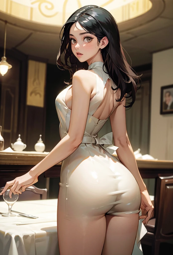 perfect eyes:1.2, detailed eyes:1.4, m0n1c4b-v2, long hair, black hair, brown eyes, from behind, ass, looking back, restaurant, dr3ss, white dress, bare shoulders, latex, breasts, medium full shot, thigh-level shot, 1girl, solo, (masterpiece:1.6, best quality),