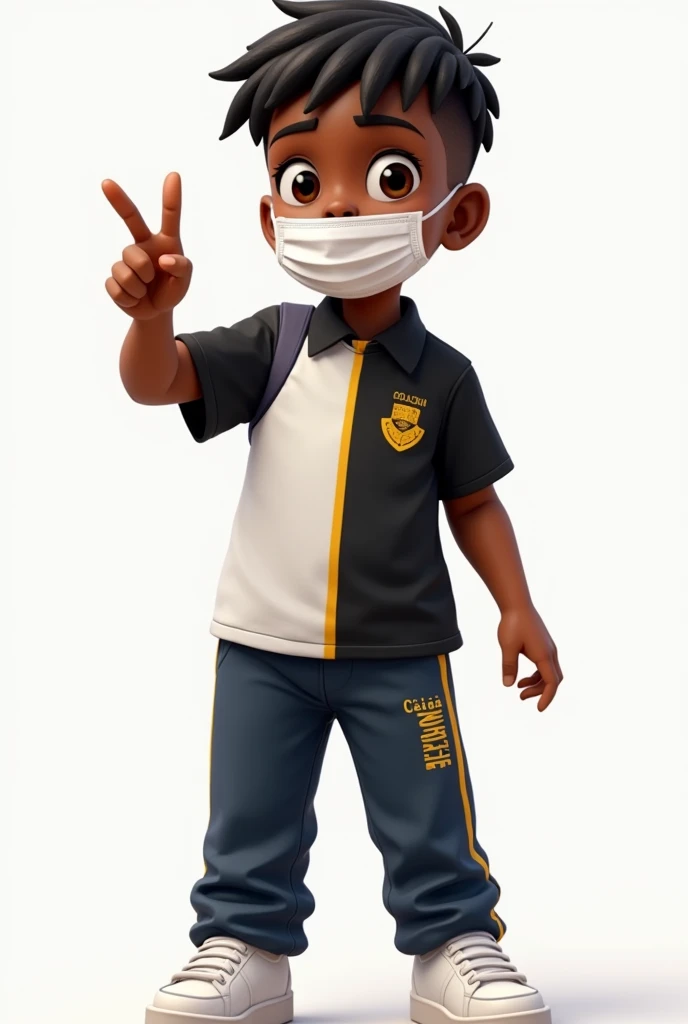 create the image of a black boy, his name is Elian, he wears a half black and white shirt with a thin vertical yellow stripe in the middle and a triangular collar, Her hair is black and straight, your completely white sneakers, Your pants are very dark blue and it says Colégio Santá Doroteia, he is wearing a disposable mask that does not cover his smile, because it's on his chin and he's doing the like with his hand
