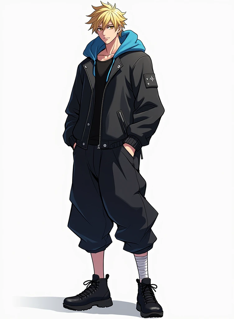 Jujutsu Kaisen, masculine, attractive, blonde hair, short and messy hair, eyes the color of honey, Black fitted buttoned leather jacket with blue fleece on the hood, black baggy pants, black shoes, bandage on one of his hands, superb smile, Whole body, white background, anime, 4k