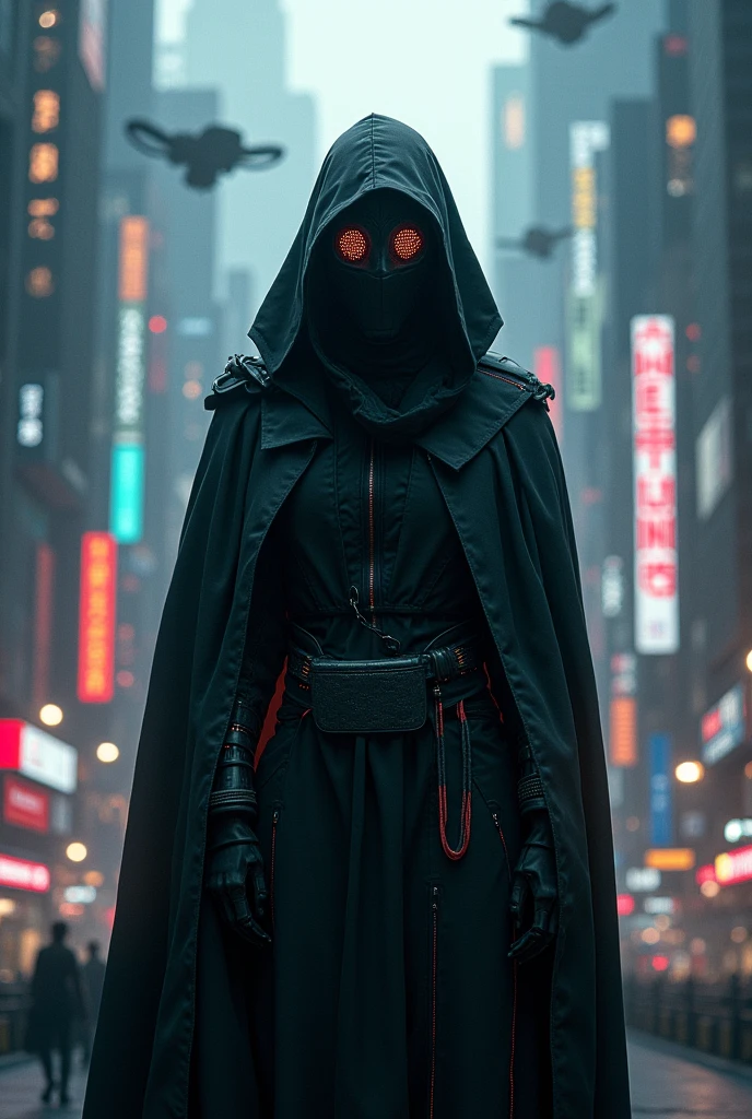A realistic cypherpunk character standing in front of a sprawling futuristic city at night. The character is wearing a dark, high-tech hooded cloak that obscures part of their face, giving them a mysterious and enigmatic appearance. The cloak is made of advanced materials with subtle glowing lines and circuits. Their face is partially covered by a sleek, minimalistic mask with glowing digital eyes. The city in the background is filled with towering skyscrapers, neon lights, and holographic advertisements, reflecting a cyberpunk aesthetic. The streets below are bustling with activity, featuring flying cars and pedestrians, while the sky is filled with drones and digital billboards. The overall atmosphere is dark, moody, and intense, highlighting the character's role in this high-tech dystopian world.