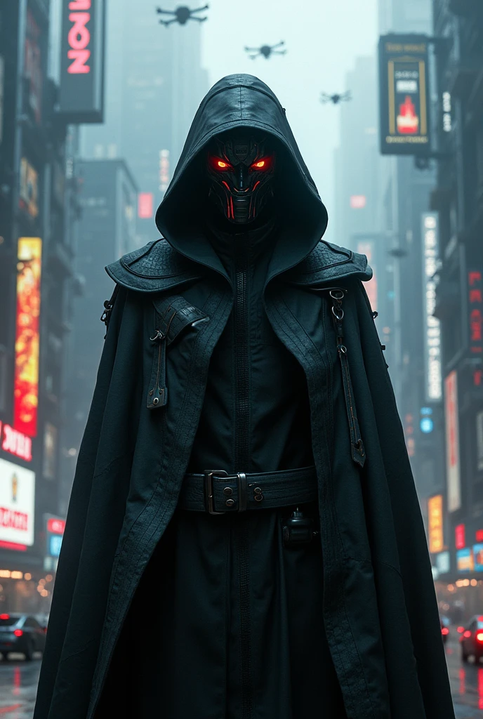 A realistic cypherpunk character standing in front of a sprawling futuristic city at night. The character is wearing a dark, high-tech hooded cloak that obscures part of their face, giving them a mysterious and enigmatic appearance. The cloak is made of advanced materials with subtle glowing lines and circuits. Their face is partially covered by a sleek, minimalistic mask with glowing digital eyes. The city in the background is filled with towering skyscrapers, neon lights, and holographic advertisements, reflecting a cyberpunk aesthetic. The streets below are bustling with activity, featuring flying cars and pedestrians, while the sky is filled with drones and digital billboards. The overall atmosphere is dark, moody, and intense, highlighting the character's role in this high-tech dystopian world.