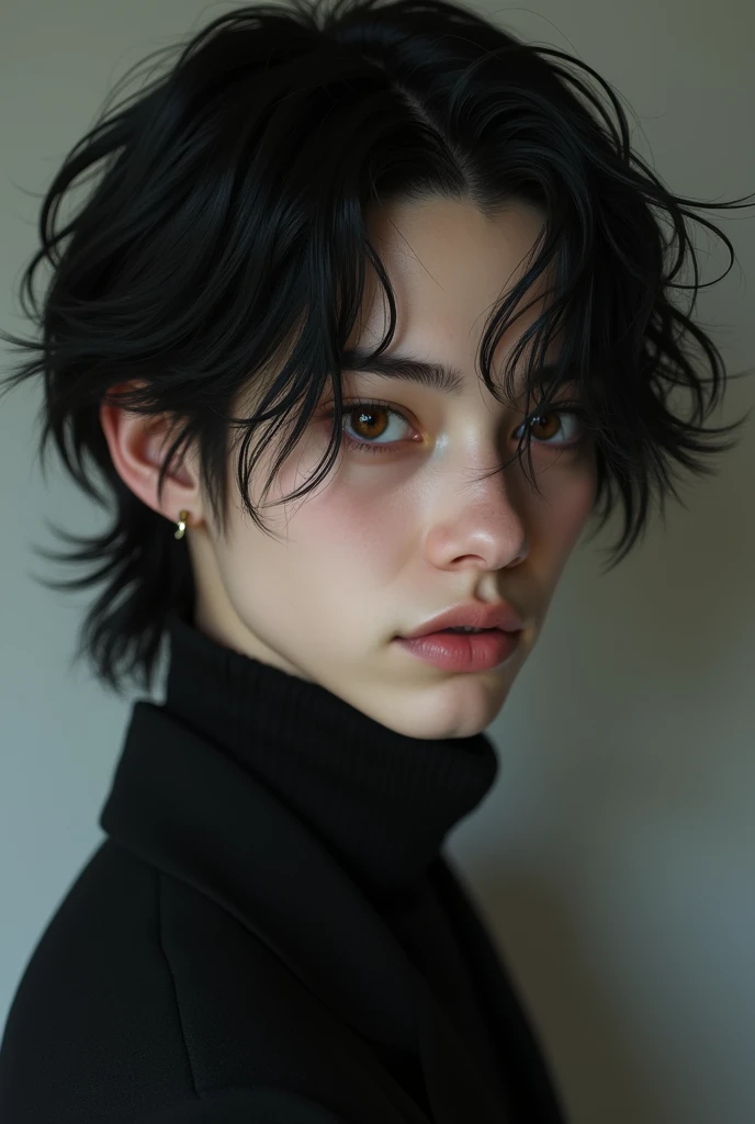 Create a Male, with feminine attributes, with dark black medium length hair and brown eyes