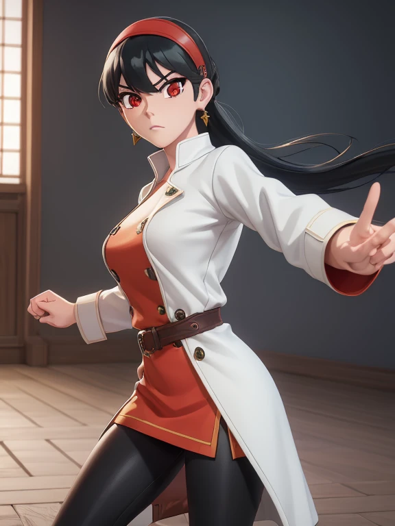 yorbriar, yor briar, black hair, (red eyes:1.5), earrings, gold hairband, hairband, long hair, sidelocks, (medium breasts:1.2), serious look on face, BREAK White trench coat, black leggings, shiny leggings, white heel boots, BREAK indoors, BREAK looking at viewer, (cowboy shot:1.5), BREAK action pose, kicking at viewer, kicking, fighting pose, martial arts, high_kick BREAK (masterpiece:1.2), best quality, high resolution, unity 8k wallpaper, (illustration:0.8), (beautiful detailed eyes:1.6), extremely detailed face, perfect lighting, extremely detailed CG, (perfect hands, perfect anatomy),
