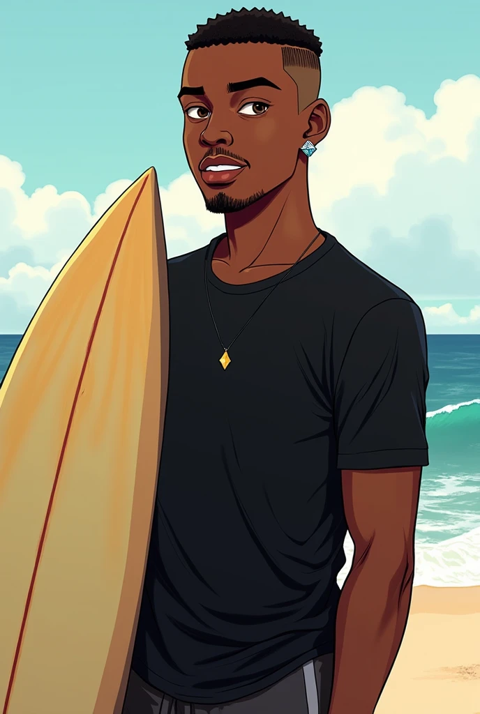 a black man with short hair shaved on the sides, diamond earring in the ears, with black shirt, fully body, brown eye color. anime styling. very dark espresso skin color. wide nose, large lips, in shorts holding a surfboard