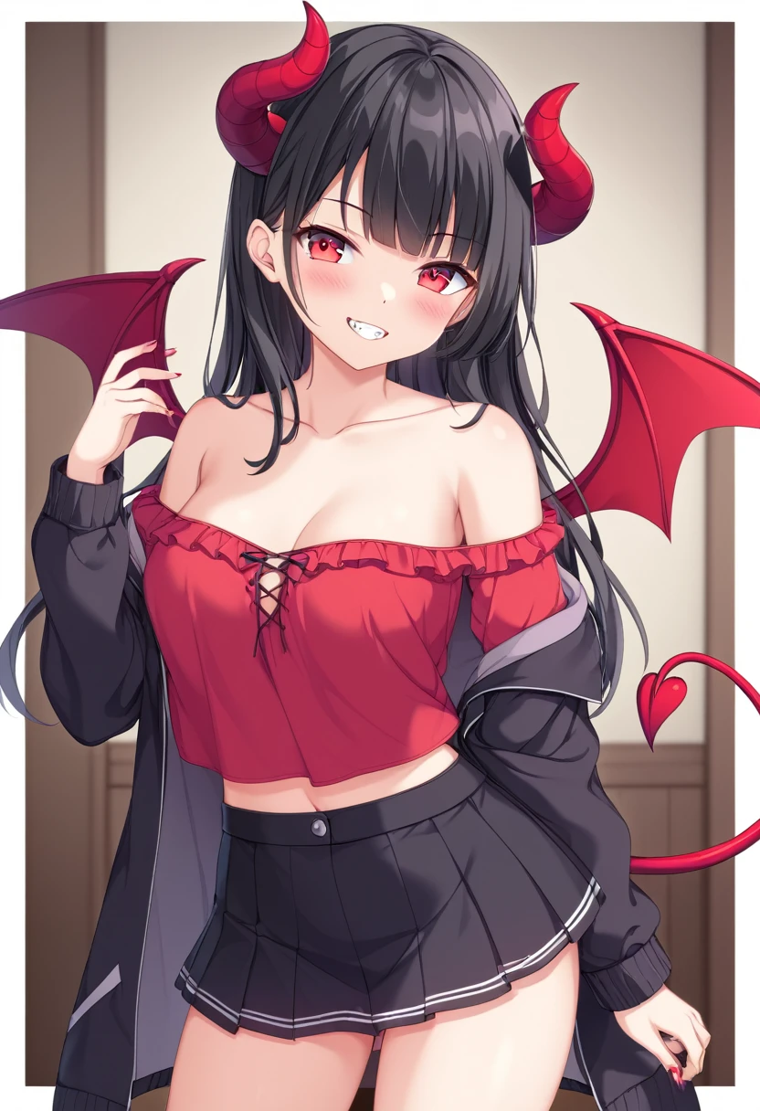 Standing posture、Black Hair、Beautiful eyes、high resolution、Medium chest、Short skirt、Off-the-shoulder clothing、Devil horns、tooth、Devil&#39;s Tail、Background room、