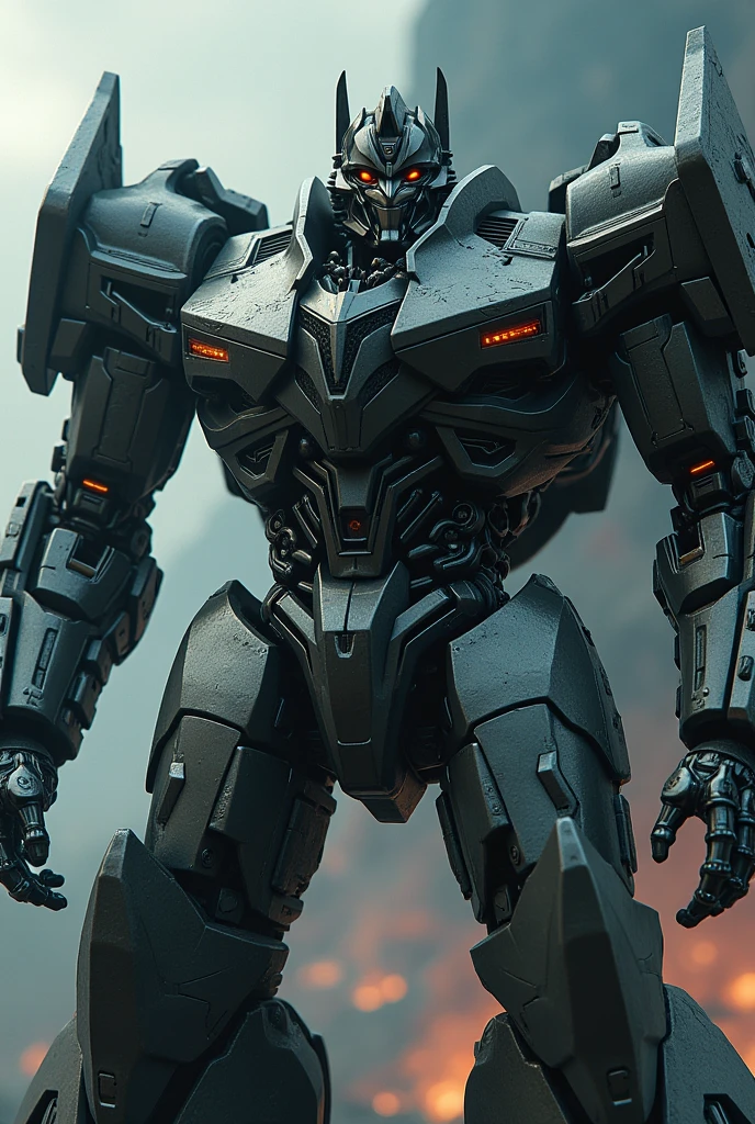 (photorealism:1.2), Large massive gray Decepticon robot film, three eyes