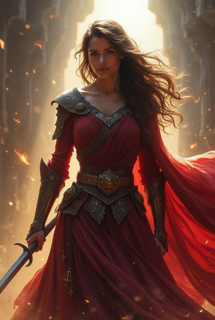 portrait of @Daniela, a medieval warrior, fighting action scene, surrounded by an aura of light, epic fantasy art, dramatic lighting
