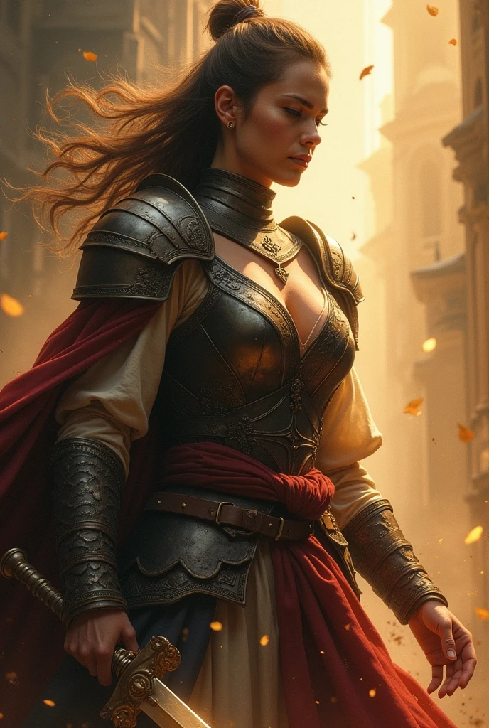 portrait of @Daniela, a medieval warrior, fighting action scene, surrounded by an aura of light, epic fantasy art, dramatic lighting
