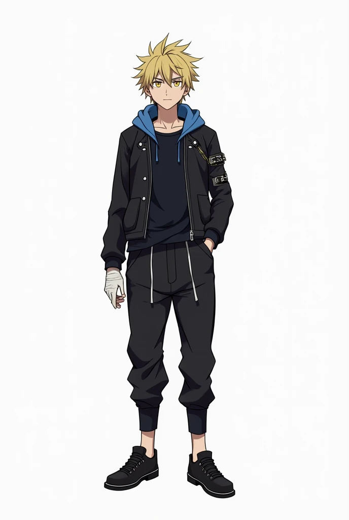 Jujutsu Kaisen, masculine, attractive, blonde hair, short and messy hair, eyes the color of honey, Black fitted buttoned leather jacket with blue fleece on the hood, black baggy pants, black shoes, bandage on one of his hands, superb smile, Whole body, white background, anime, 4k