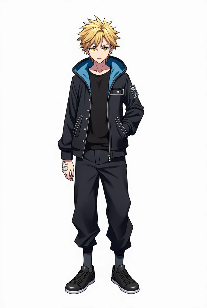 Jujutsu Kaisen, masculine, attractive, blonde hair, short and messy hair, eyes the color of honey, Black fitted buttoned leather jacket with blue fleece on the hood, black baggy pants, black shoes, bandage on one of his hands, superb smile, Whole body, white background, anime, 4k