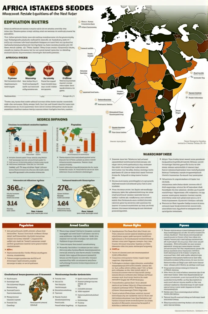 Make me a brochure talking about 1 country from each African region that includes data on the population, environmental problems, armed conflicts and human rights