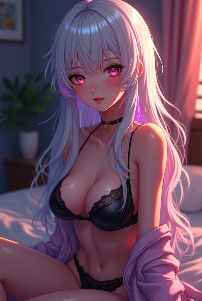 masterpiece, best quality, 1girl, solo, blush, rainbow twintails, white long hair, rainbow hair between eyes, ((lingerie)), bedroom, night, extremely detailed 8K, smooth, high resolution, ultra quality, cinematic lighting, ambient occlusion, hd, 2k, 4k, 8k, 16k, extremely detailed anime, detailed faces, perfect composition, wide shot, atmospheric lighting, very sexy, lift skirt, uncensored, nsfw, sin censura, large breast,