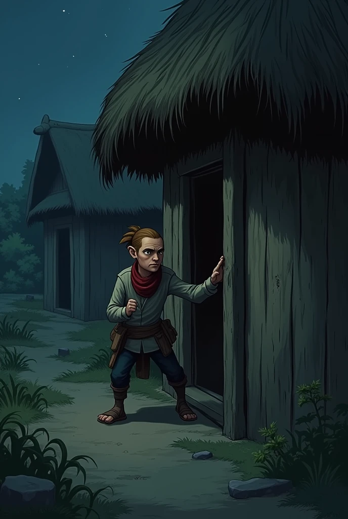 Visual Prompt: Bacchu sneaking around the side of a modest, thatched house at night, with a determined look on his face. There is a chicken coop in the background, and Bacchu is seen reaching towards it.